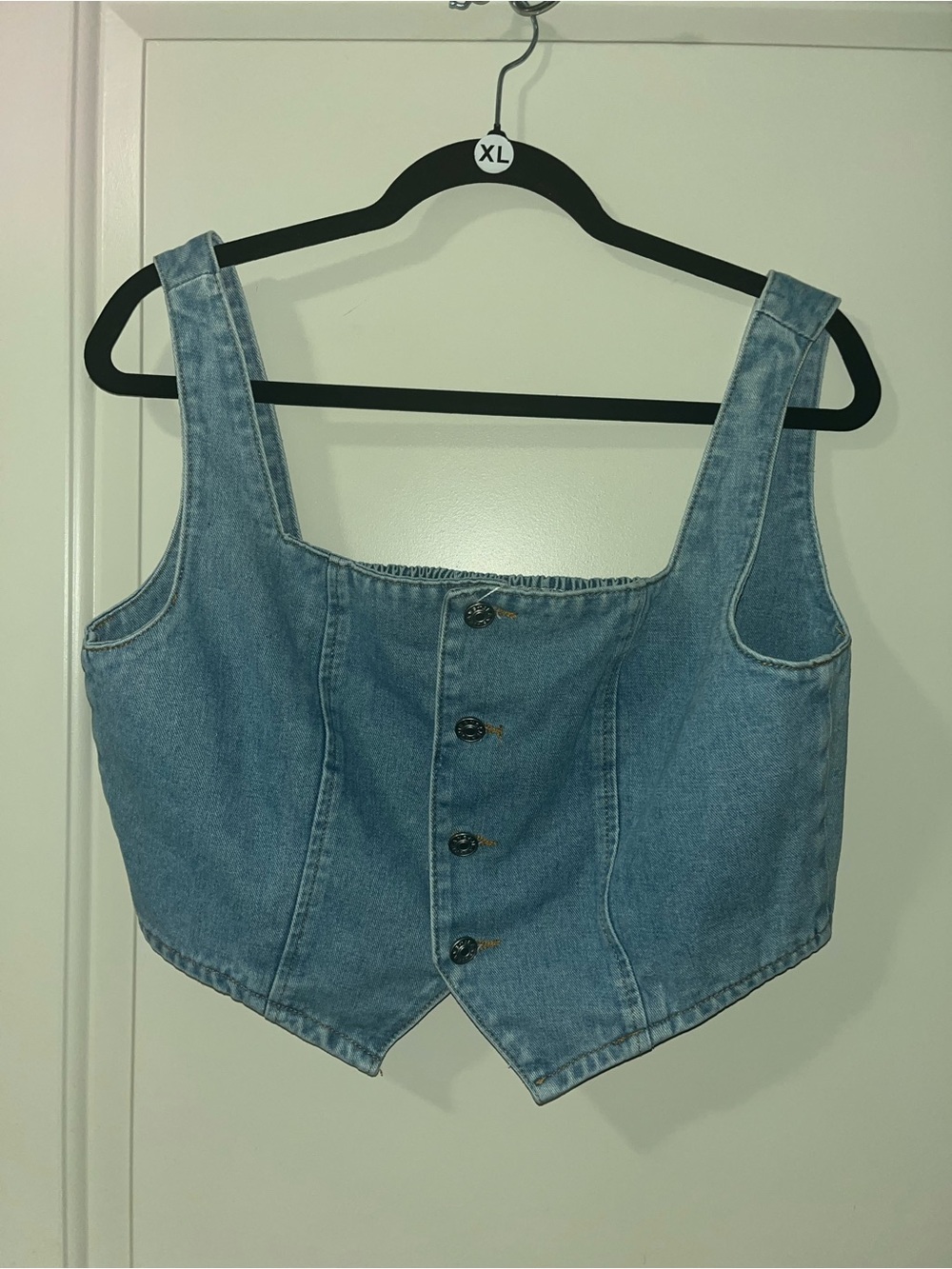 Yesfashion Denim Button-Front Crop Tank Top - Light Blue